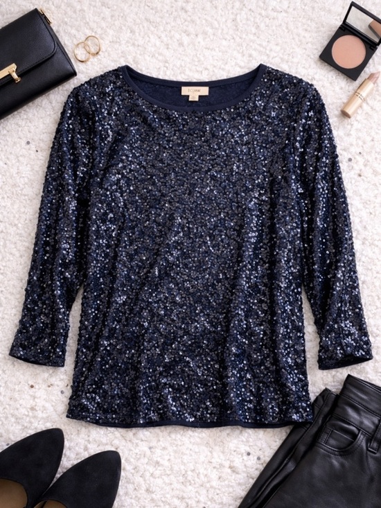 J. Crew Tops - J.Crew Navy Sequin Top Medium 3/4 Sleeve Sparkly Party Holiday Blouse